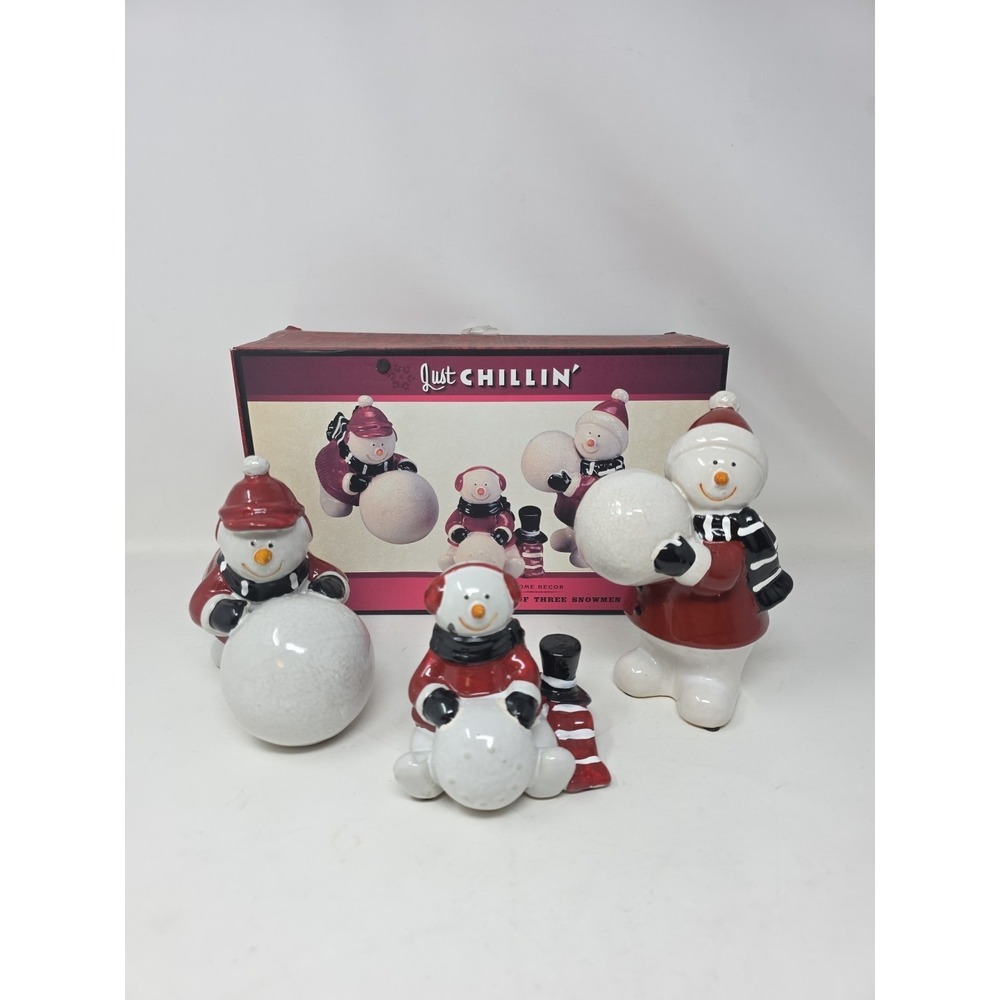3 Snowmen Figurines Just Chillin Cracker Barrel Country Store Ceramic 6"